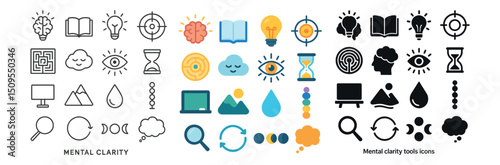 Mental clarity icon collection: mindfulness, focus, concentration symbols for wellness