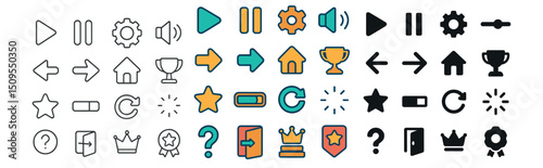 Multimedia, settings, and navigation icon collection. control and interface graphics set