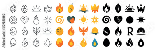 Fire and nature icon collection featuring outline, filled, and colorful flame elements