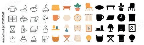Home essentials icon collection: furniture, decor, and kitchen symbols for design