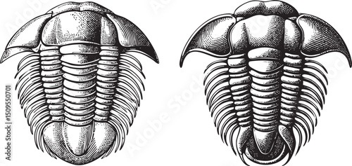 Two detailed illustrations of trilobite fossils display intricate segmented bodies.