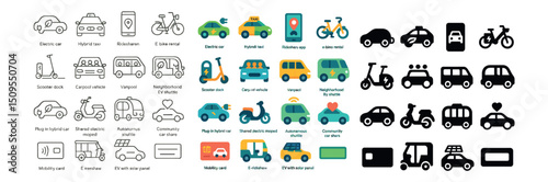 Transportation and mobility icons collection. hybrid, scooter, car share set