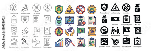 Wildlife conservation icon collection: nature, environment, and protection graphics