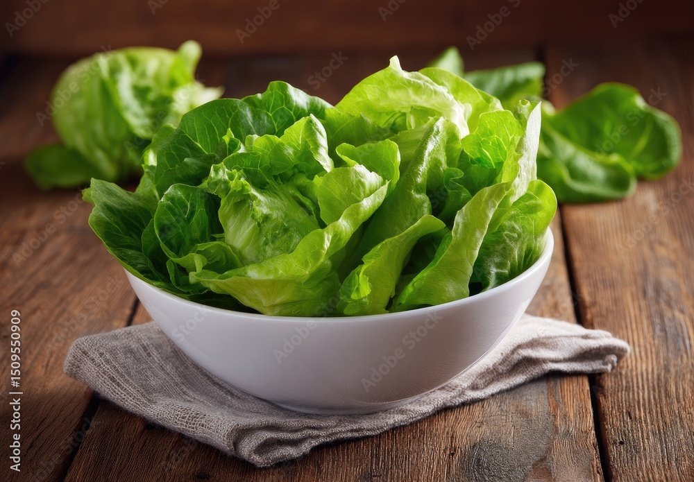 Fresh green lettuce leaves in a white bowl on a rustic wooden table with a linen napkin Fresh green lettuce leaves in a white bowl on a rustic wooden table with a linen napkin