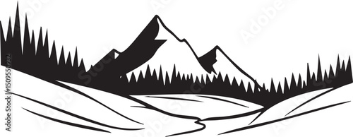 Silhouetted mountains rise above a snowy forested landscape.
