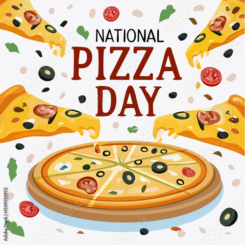 A cheesy, mouthwatering National Pizza Day design with playful toppings and bold text.