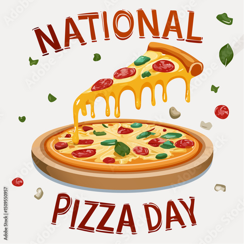 A cheesy, mouthwatering National Pizza Day design with playful toppings and bold text.