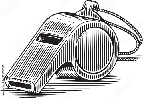 detailed black and white of a whistle rests on a textured surface.