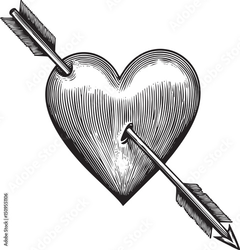 black and white heart pierced by a sharp arrow.