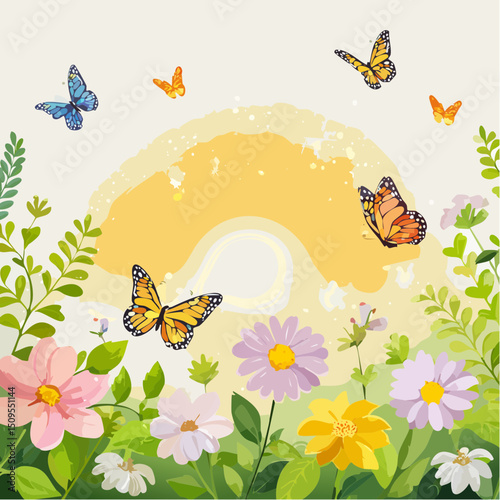 A cheerful spring design filled with blooming flowers, butterflies, and sunshine, perfect for seasonal promotions.