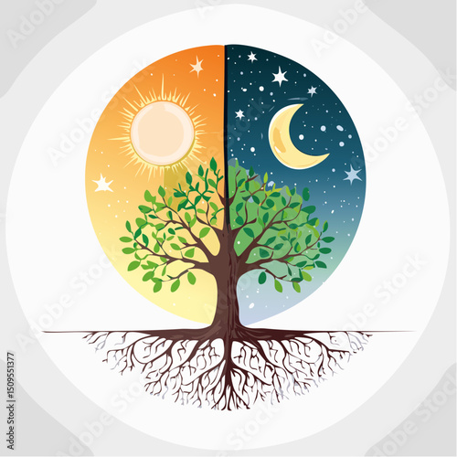 A balanced and symbolic design with elements of day and night, nature’s change, and seasonal transition.