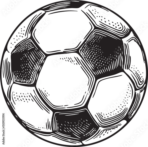 monochrome soccer ball rests on a textured surface.