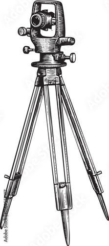vintage surveying tripod supports a complex instrument.