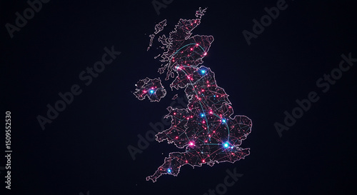 Illuminated united kingdom map with interconnected dots and lines on a dark blue background space