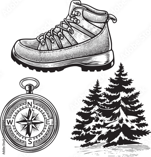 detailed black and white depicts a hiking boot a compass and a pine tree.
