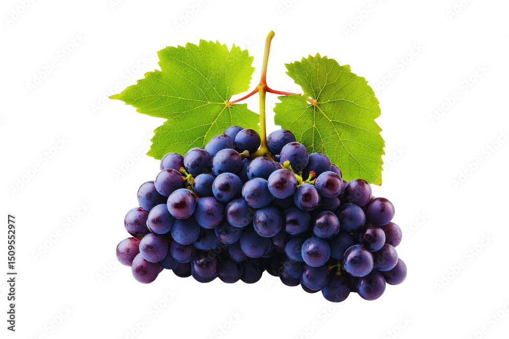 Fototapeta premium Fresh bunch of dark purple grapes with lush green leaves isolated transparent background