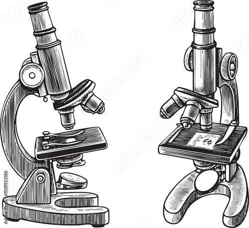vintage microscope displays a detailed specimen on its stage.