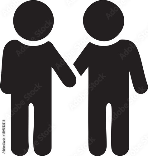 Two figures stand closely together holding hands.