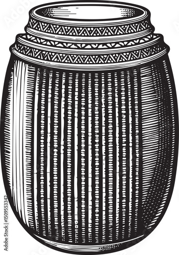 detailed cylindrical stoneware jar stands upright with a textured surface.