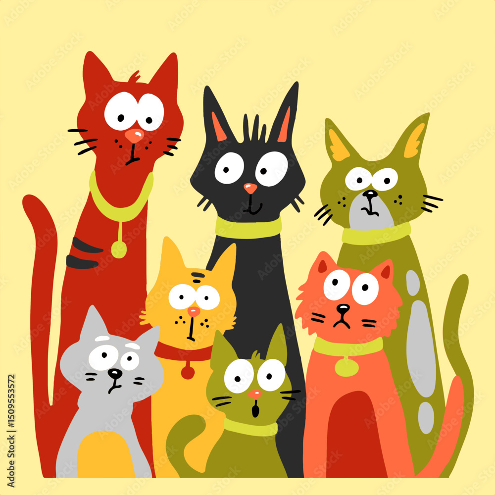 Fototapeta premium Funny group of quirky cartoon cats with wide expressive eyes and playful colors in layered paper cut vector style, perfect for cat lovers and fun designs