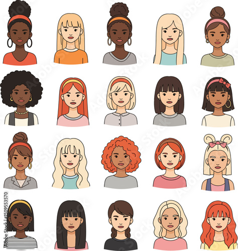 Diverse and beautiful cartoon portraits representing various women with different hair styles and complexions