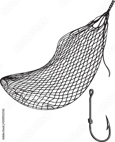 fishing net with a fish dangling from a hook.