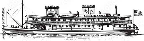black and white paddle steamer glides across a calm waterway.