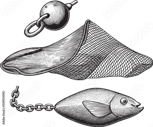 detailed depicts a fishing net a metal ball attached to a chain and a fish hanging from another chain.