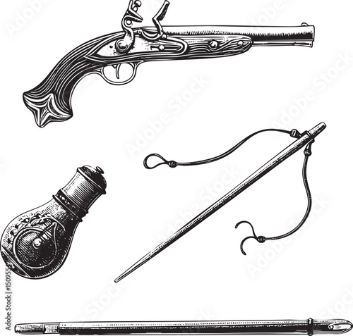 vintage flintlock pistol rests beside a decorative inkwell and quill.