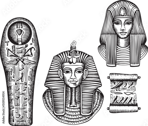 Three antique Egyptian artifacts including a sarcophagus mask and amulet.