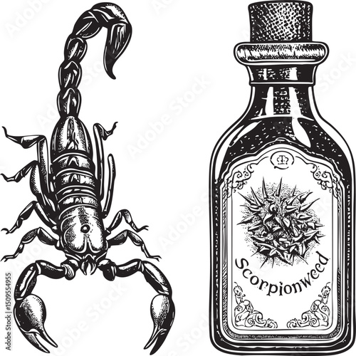 black scorpion rests on a glass bottle labeled 'Scorpionweed'.