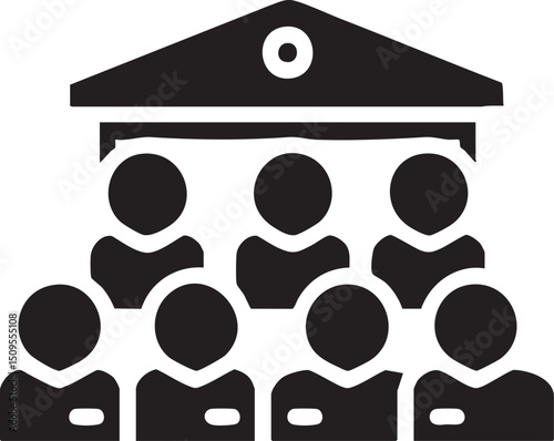 group of people gather beneath a shaded roof.