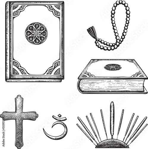 Vintage religious are arranged on a white background.