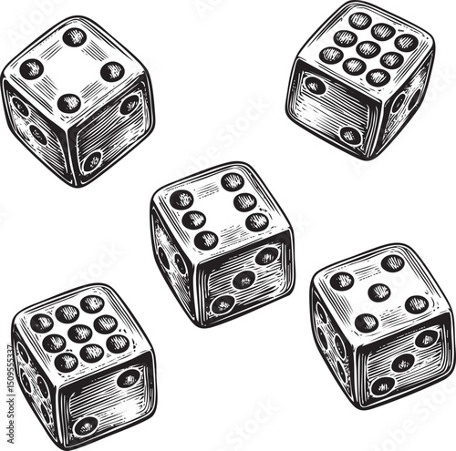 Five wooden dice display various numbers on their faces.