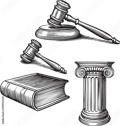 wooden gavel rests upon an open legal book beside a classical column.