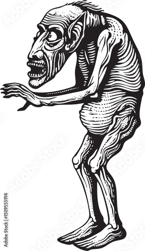 gaunt skeletal figure stands with outstretched hands.