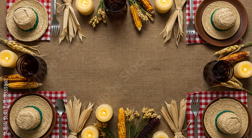 Flat lay of Festa Junina table decor including straw hats, checkered fabric, corn husks, and candles arranged on burlap — top-down view for editorial or social media use