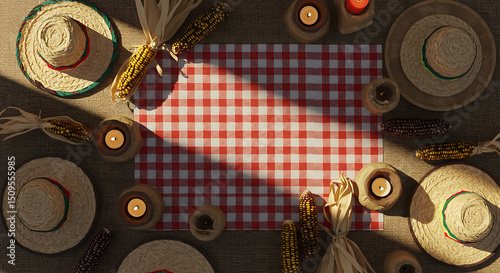 Flat lay of Festa Junina table decor including straw hats, checkered fabric, corn husks, and candles arranged on burlap — top-down view for editorial or social media use