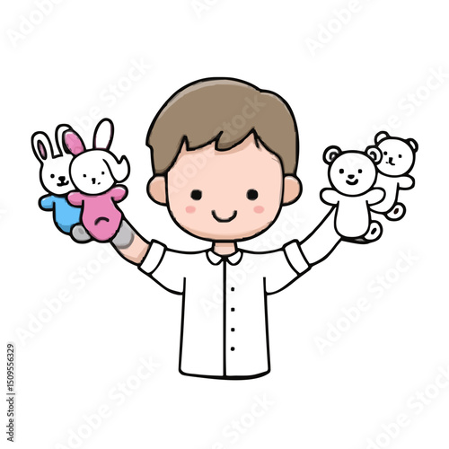 Boy with brown hair holding bunny and bear puppets in a white shirt with black outlines and dots on transparent background