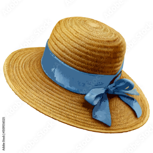 Illustration of a straw sun hat with a blue ribbon tied in a bow around the base of the crown area on transparent background