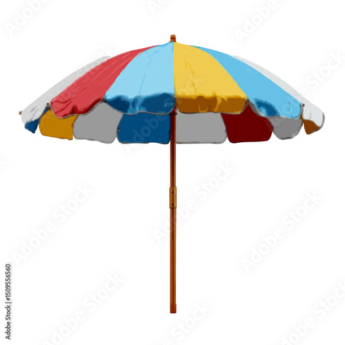 A colorful beach umbrella with alternating panels of red, yellow, blue, white and gray stands tall isolated on transparent background