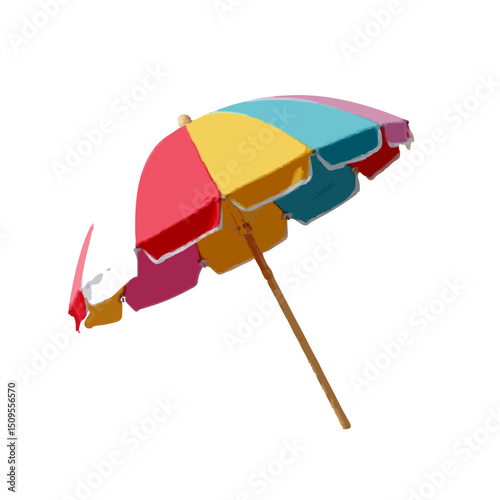 A colorful beach umbrella with panels of pink yellow and blue stands against a white background in summer on transparent background