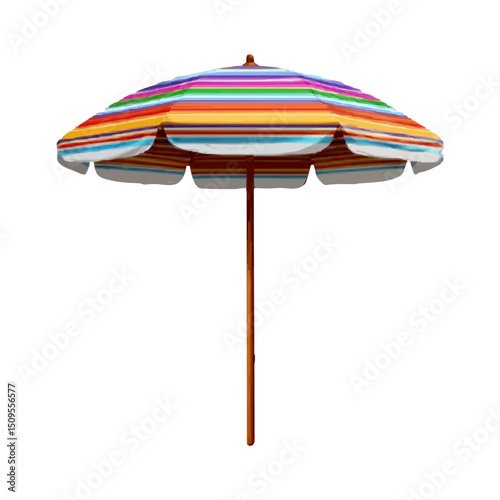 A colorful beach umbrella with rainbow stripes and a wooden pole on a plain white background image view on transparent background