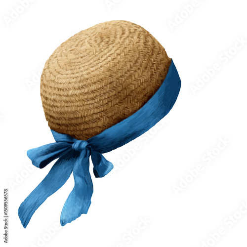 Straw hat with a blue ribbon tied in a bow on the side casting a soft shadow on a white background area on transparent background