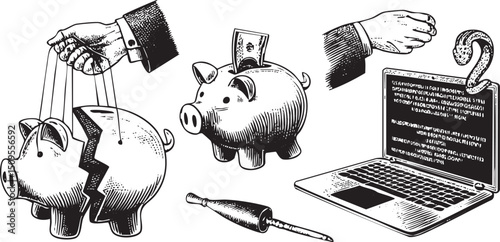 Two hands manipulate a piggy bank and a laptop symbolizing control over finances.