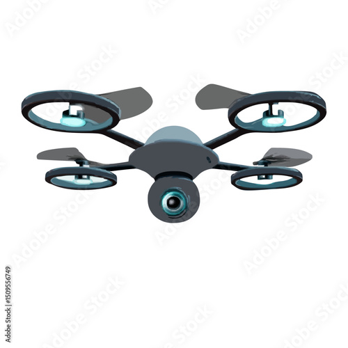 A gray drone with four propellers and a camera is displayed against a white background in a studio shot on transparent background