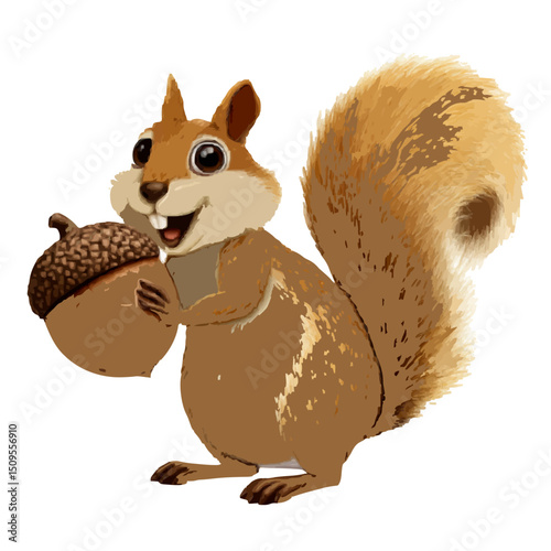 A cartoon squirrel with a bushy tail holding a large acorn and smiling with its two front teeth showing on transparent background