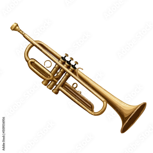 A detailed illustration of a golden trumpet with valves and mouthpiece on a plain white background view on transparent background