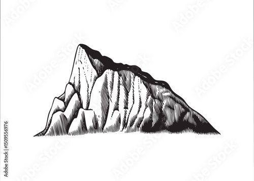 majestic dark-toned mountain rises dramatically against a simple background.