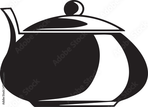 stylized black teapot stands upright on a simple surface.